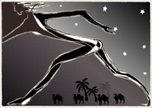 Another striding figure digital work in warm brown to gray w/palm trees