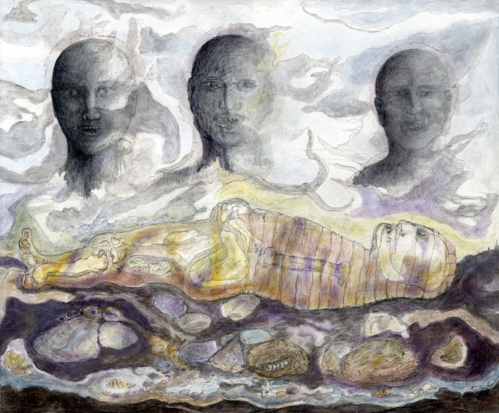 Painting plus collage three watchers and a mummy