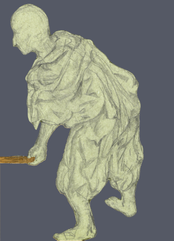 Tinted drawing of draped worker